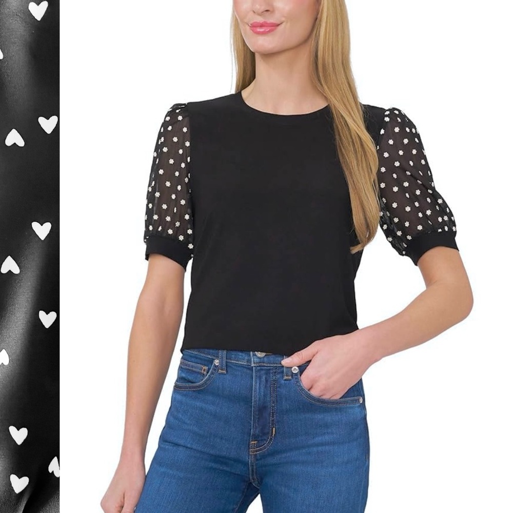 CeCe Georgette Contrasting Heart Print Puff Sleeve Blouse Crew Neck Pullover